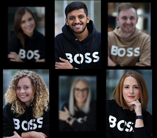 Composite of employee portraits in BOSS hoodies some blurry (Photo)