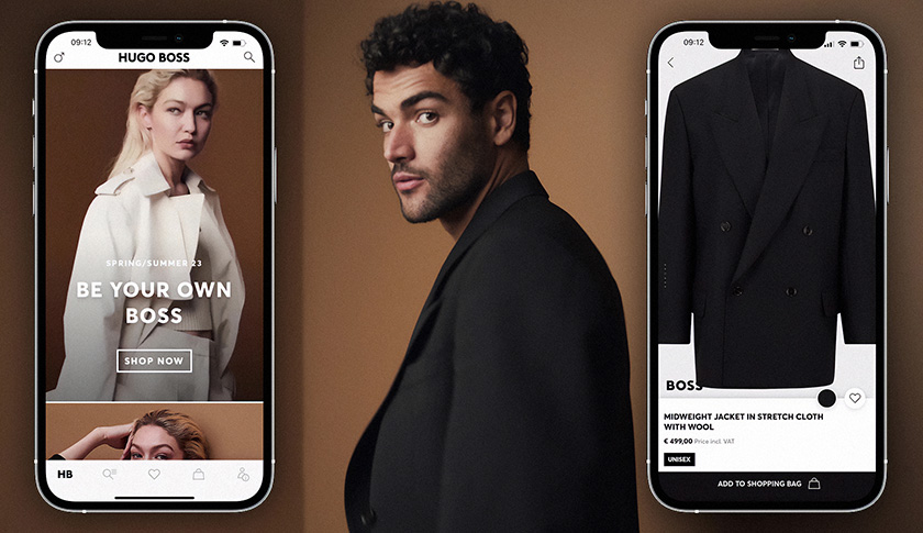 Two Mock-up of HUGO BOSS app bookending Matteo Berrettini wearing a black suit jacket (Photo)