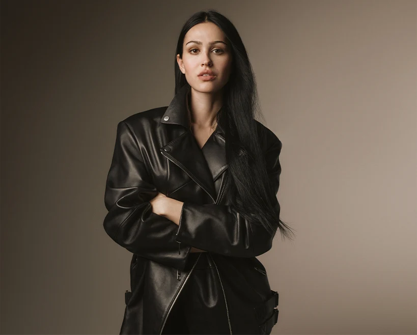 Portrait of Amelia Gray in black leather jacket (photo)